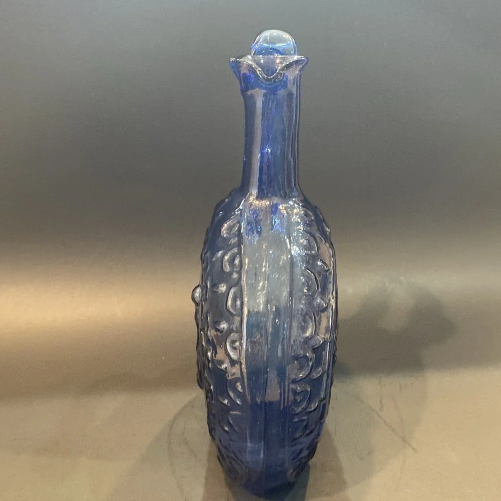 Vintage Hand Blown Cobalt Blue Raised Design Pitcher Vase Handled Jug 9.5